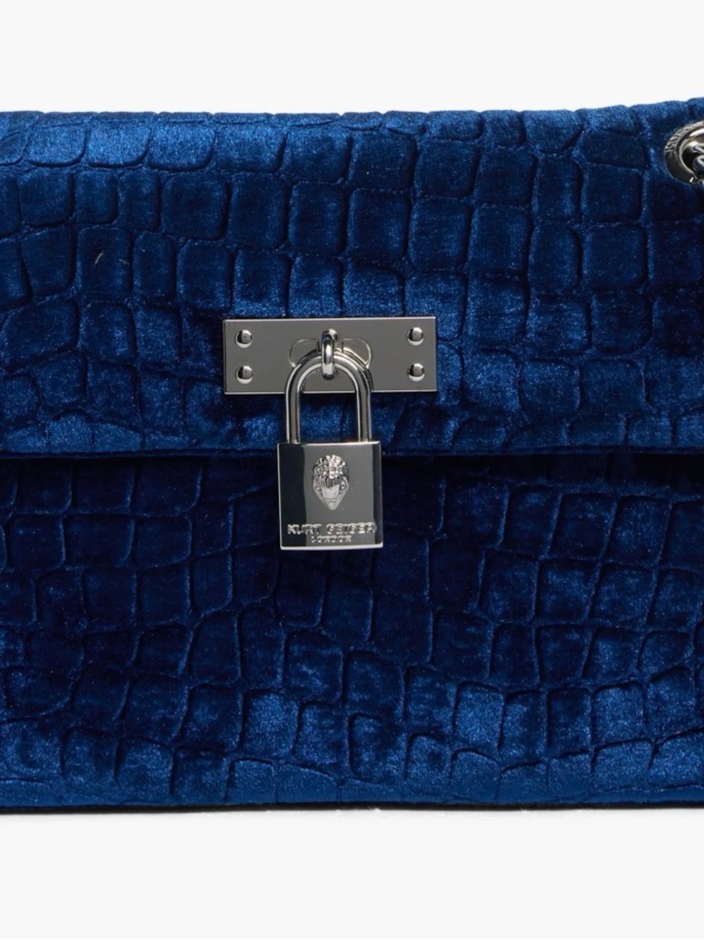 Kurt Geiger Deep Blue Croc-Embossed Velvet Shoulder Bag with Padlock